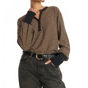 NEW NATION LTD victoria henley long sleeve sweater in cocoa stripe